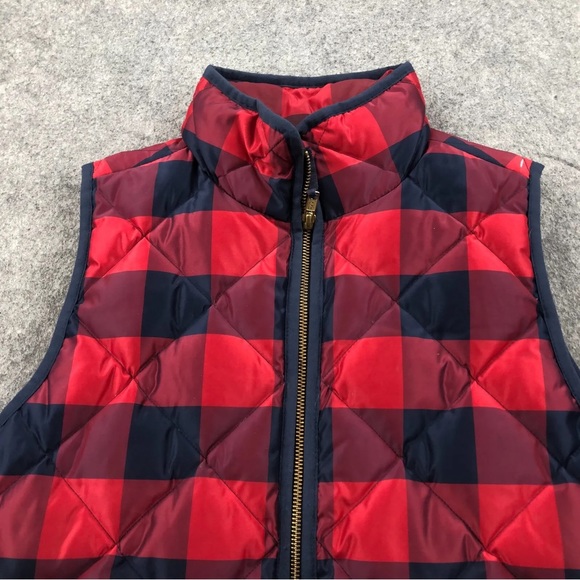 J Crew Vest Womens Small Red Blue Check Sleeveless Full Zip Quilted Puffer Down - Picture 8 of 16